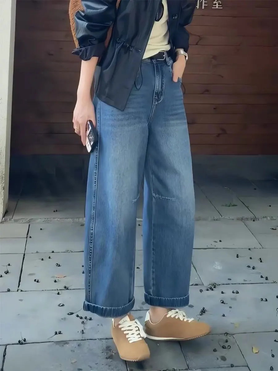 

High Waist Wide Leg Straight Cut Jeans Women's Loose Fit Nine-Piece Retro Denim Pants Spring Summer Casual Breathable Blue