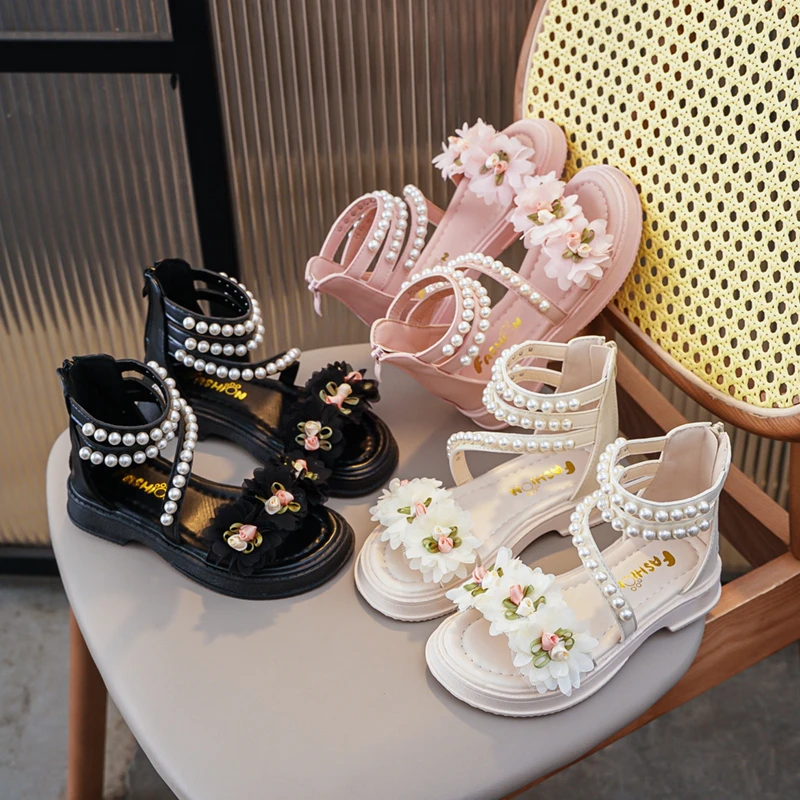 

*Hot Selling Elegant Open Toed Children's Flat Sandals Summer Fashionable and Comfortable Pearl Soft Princess Casual Shoes