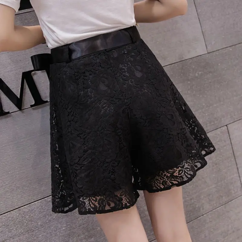 Summer Lace Shorts 2024 New Women Lace Ribbon Bow Wide Leg A-line Shorts Korean Style Sweet Casual Shorts Female Flower Culottes