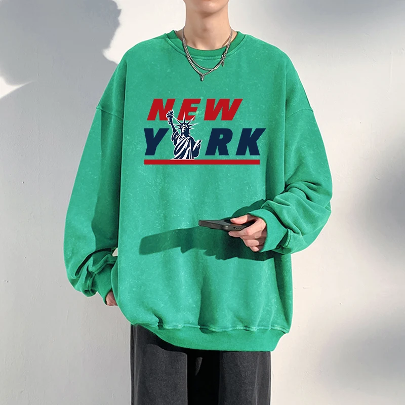 New York Pattern Printing Mens Washed Distressed Cotton Sportswears Autumn Warm Fashion Soft Clothes Street Versatile Pullover