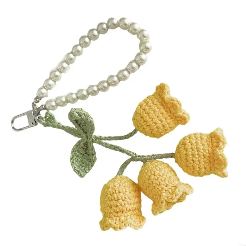 N5KA Pears Chain and Flower Keychain Knitted Bag Pendant Colorful Keyring for Women