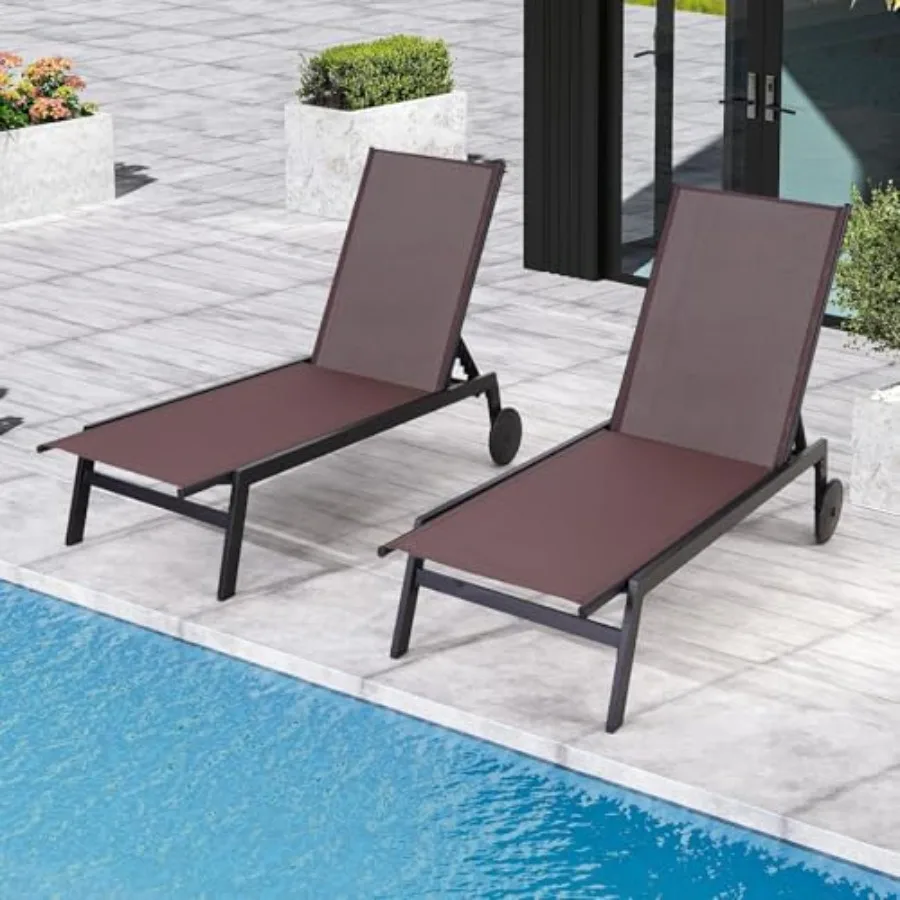 Patio Chaise Lounge Chair Set of 2 with Wheels, Outdoor Lounge Chairs with Adjustable Backrest, Waterproof Poolside Lounge Chai