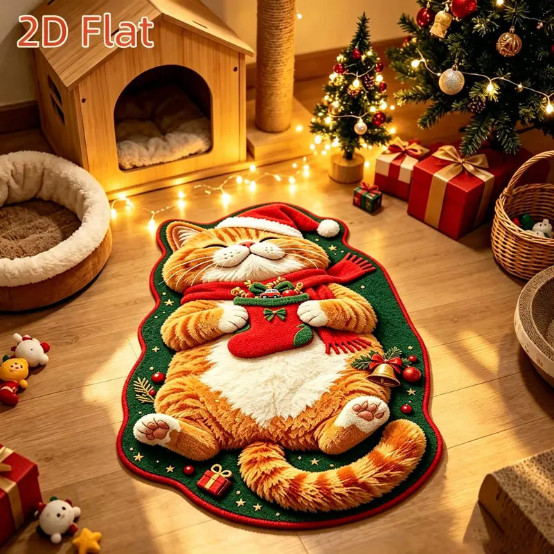 VIKAMA Orange Ginger Cat Holding Christmas Stocking Rug, Soft Flannel Non Slip Absorbent Washable Bath Mat, Fluffy Quick Dry