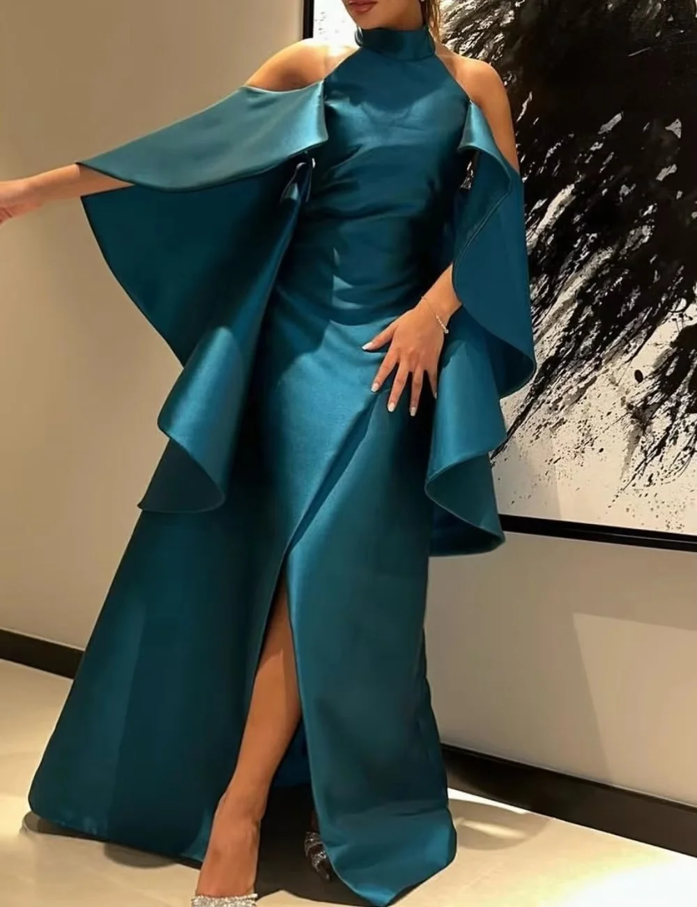 Customized Blue Satin Formal Evening Dress High Neck Cold Shoulder Flare Cape Sleeves Slit Elegant Party Dress for Prom