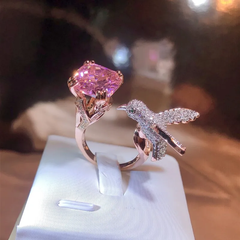 Delicate Rose Gold  Free-Form Bird Oval Pink Full Of Diamond Couple Rring For Women Opening Adjustable Halloween Gift Jewelry