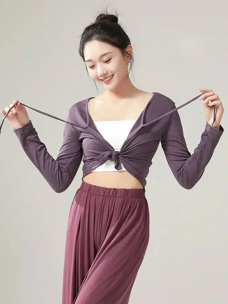 Women Long Sleeve V Neck Ballet Dance Top Solid Color Classical Stage Costume Modern Chinese Folk Performance Cardigan Shirt