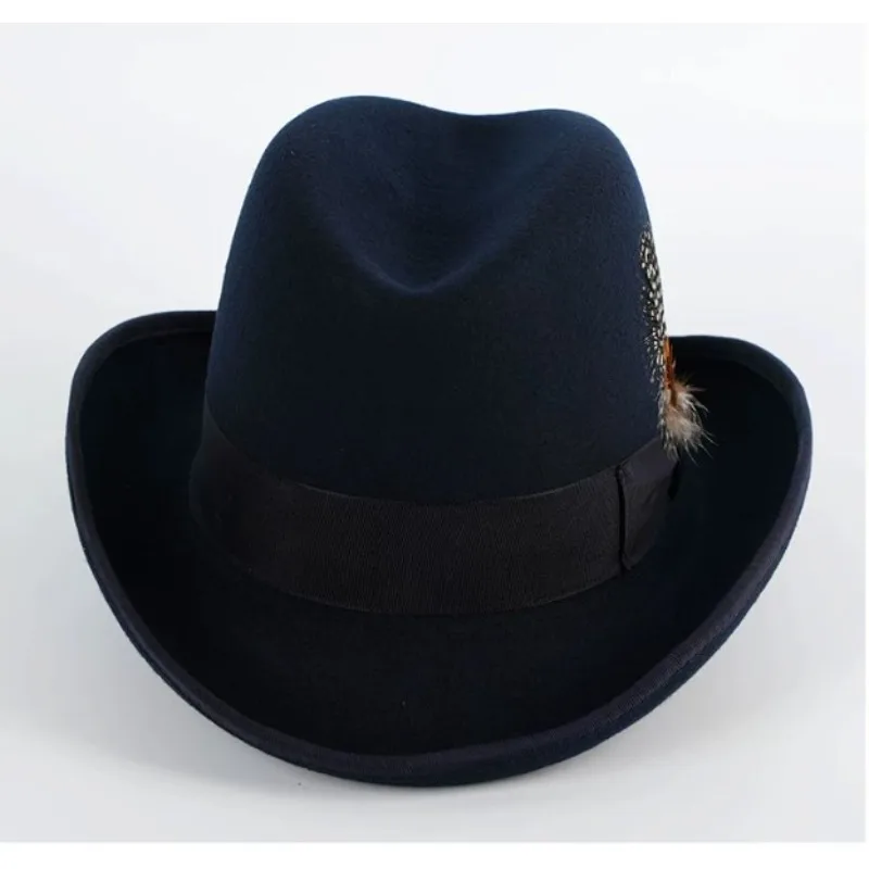 Vintage 100% Wool Homburg Fedora Hat for Men Classic British Godfather Jazz Cap with Feather Decoration Short Brim Felt Hat