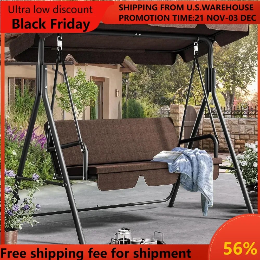 

Patio Swing Front Porch Swing for Adults 3 Seat Porch Swings with Adjustable Canopy Outside Swing Bench with Removable Cushion