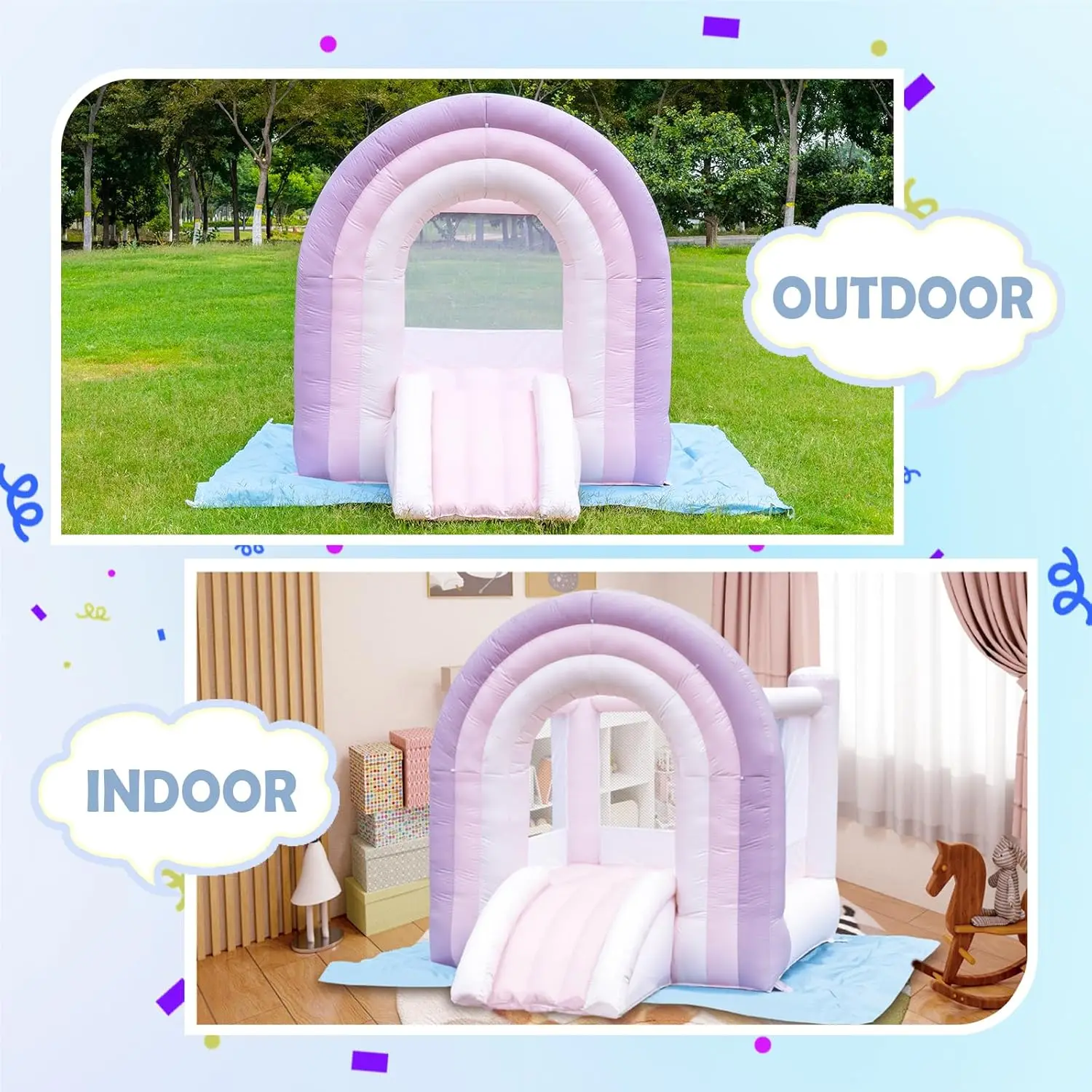 Casa de rebote mágica de arcoíris, casa de rebote para niños con tobogán, casa hinchable rosa para interiores y exteriores, soplador incluido, 8 pies de largo x 6 pies de ancho x 6 pies de ancho