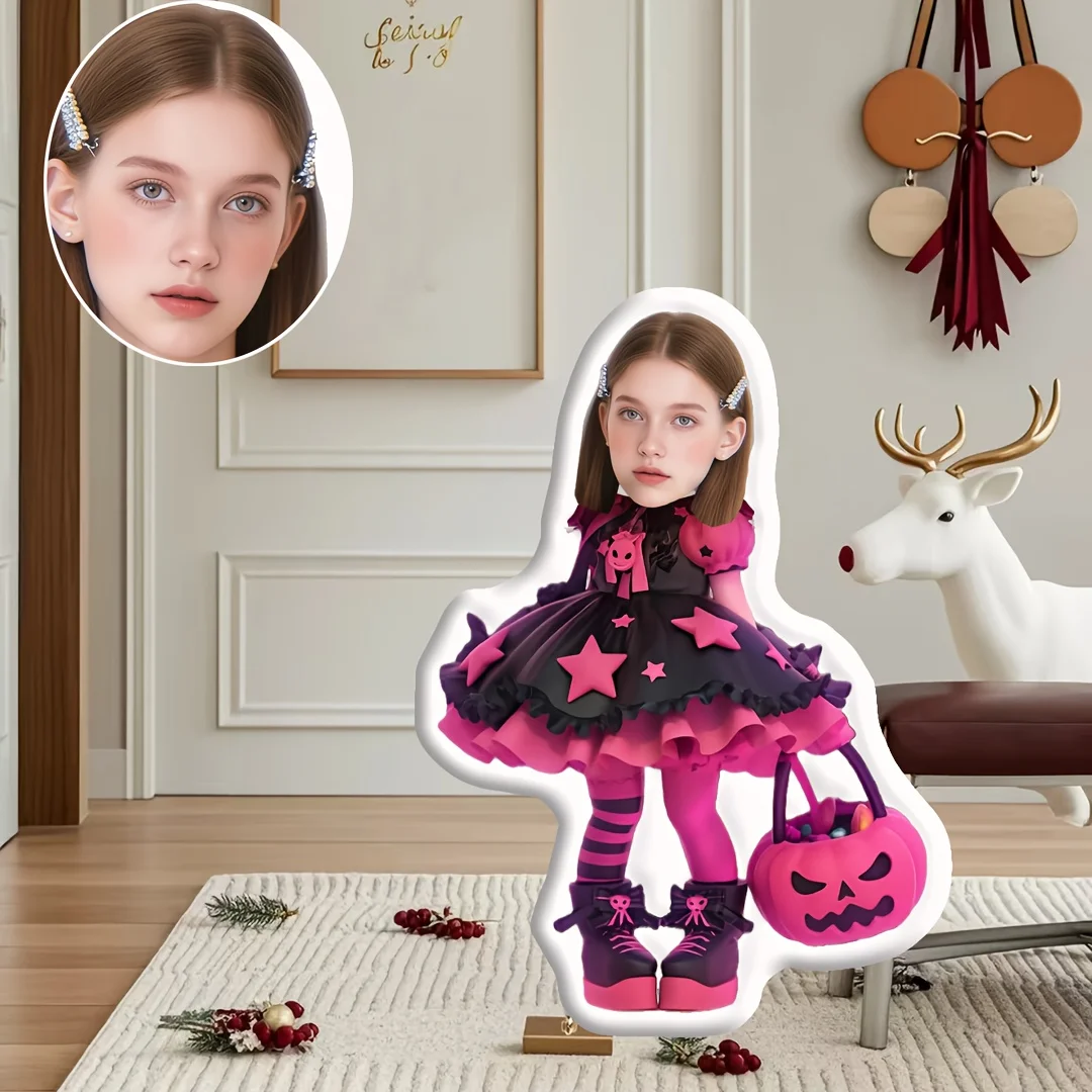 A Customizable Pink Halloween-themed Pillow with a Personalized Photo, Featuring Double-sided Printing Technology. It Can Serve