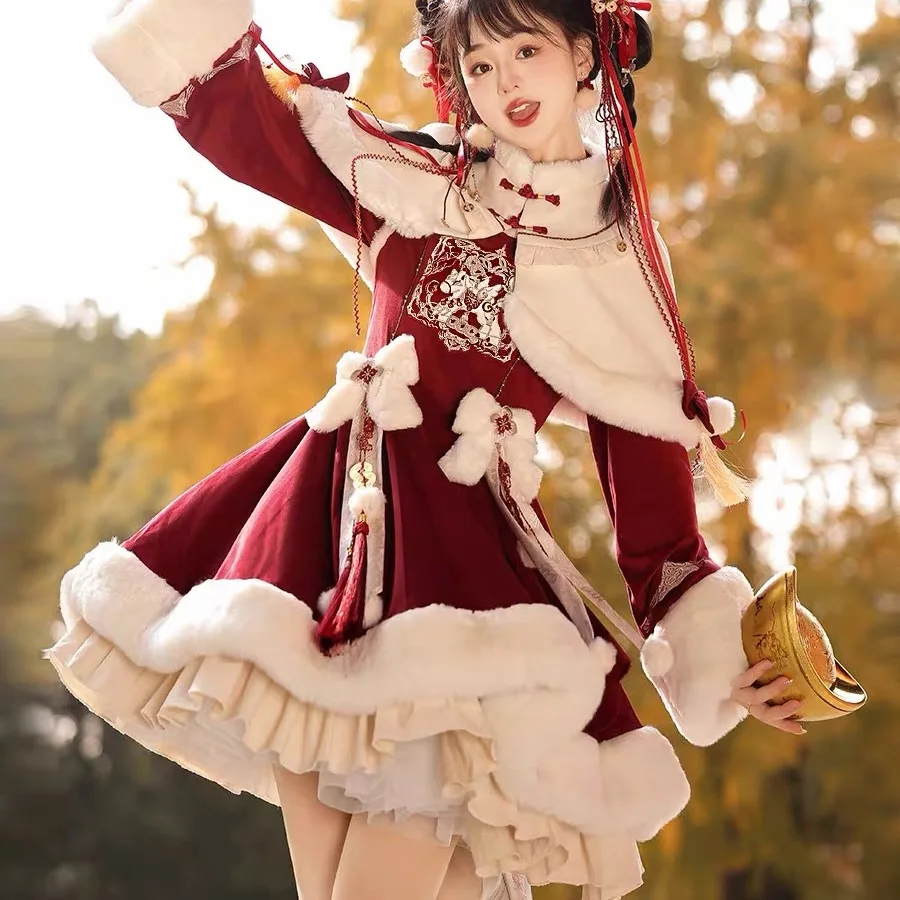 2026 neues Winter-Set im verdickten Mantel-Stil, niedliches Kit-Design, bezauberndes süßes Lolita-Neujahrskleid-Set für Damen