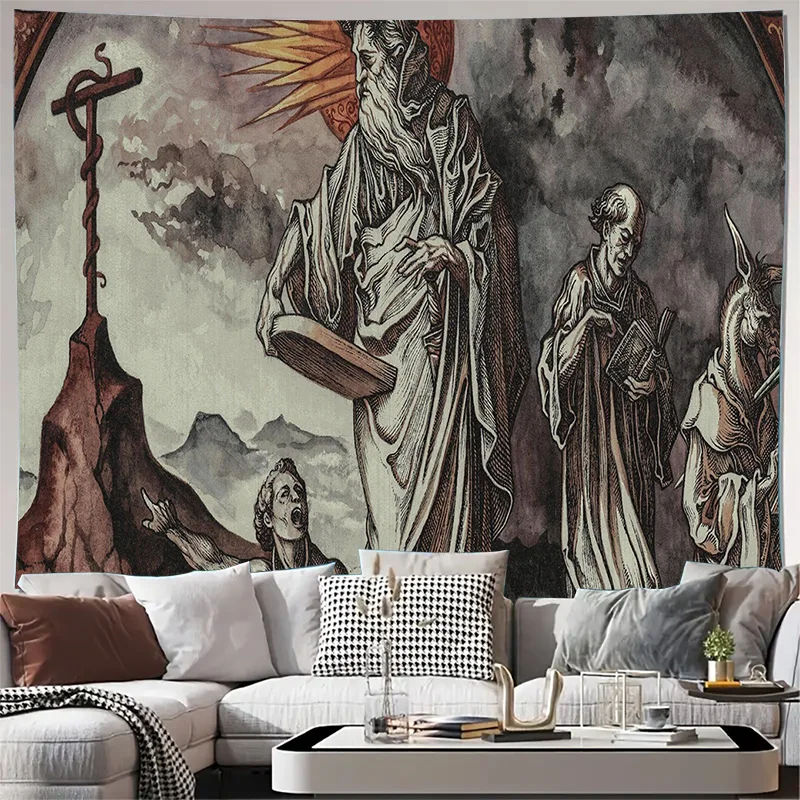 ملصق فني جداري ديني عتيق مثالي لديكور غرفة المعيشة باللونين الأبيض والأسود مرسومة يدويًا مع صورة متقاطعة على الطراز القوطي