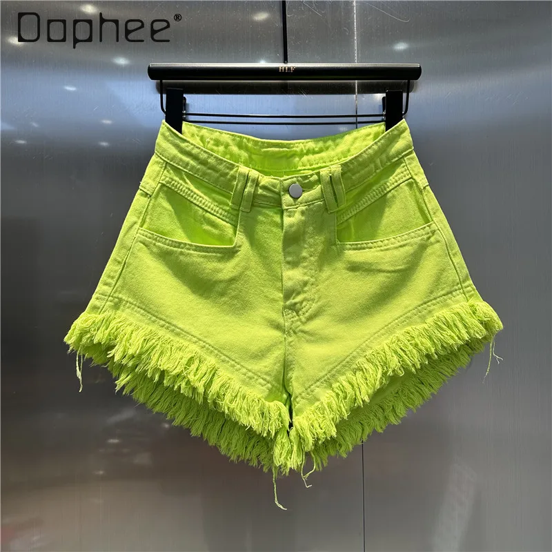 

Fluorescent Color Denim Wide Leg Hot Pants Summer High Waist Raw Edge Shorts Sexy Streetwear Spicy Girl Green Pink Yellow