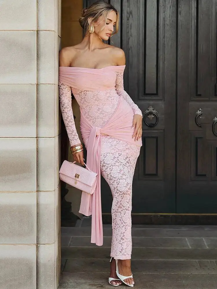 JULISSA MO Sexy Off Schulter Sheer Spitze Bandage Frauen Maxi Kleid Langarm Blumen Kleid Herbst Neue Elegante Party Abendkleid