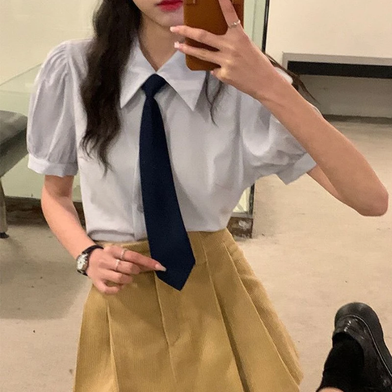 

Рубашки с пышными рукавами женские в консервативном стиле однотонные милые японские студенческие корейские одежды Camisas Femme просто летние дизайнерские универсальные