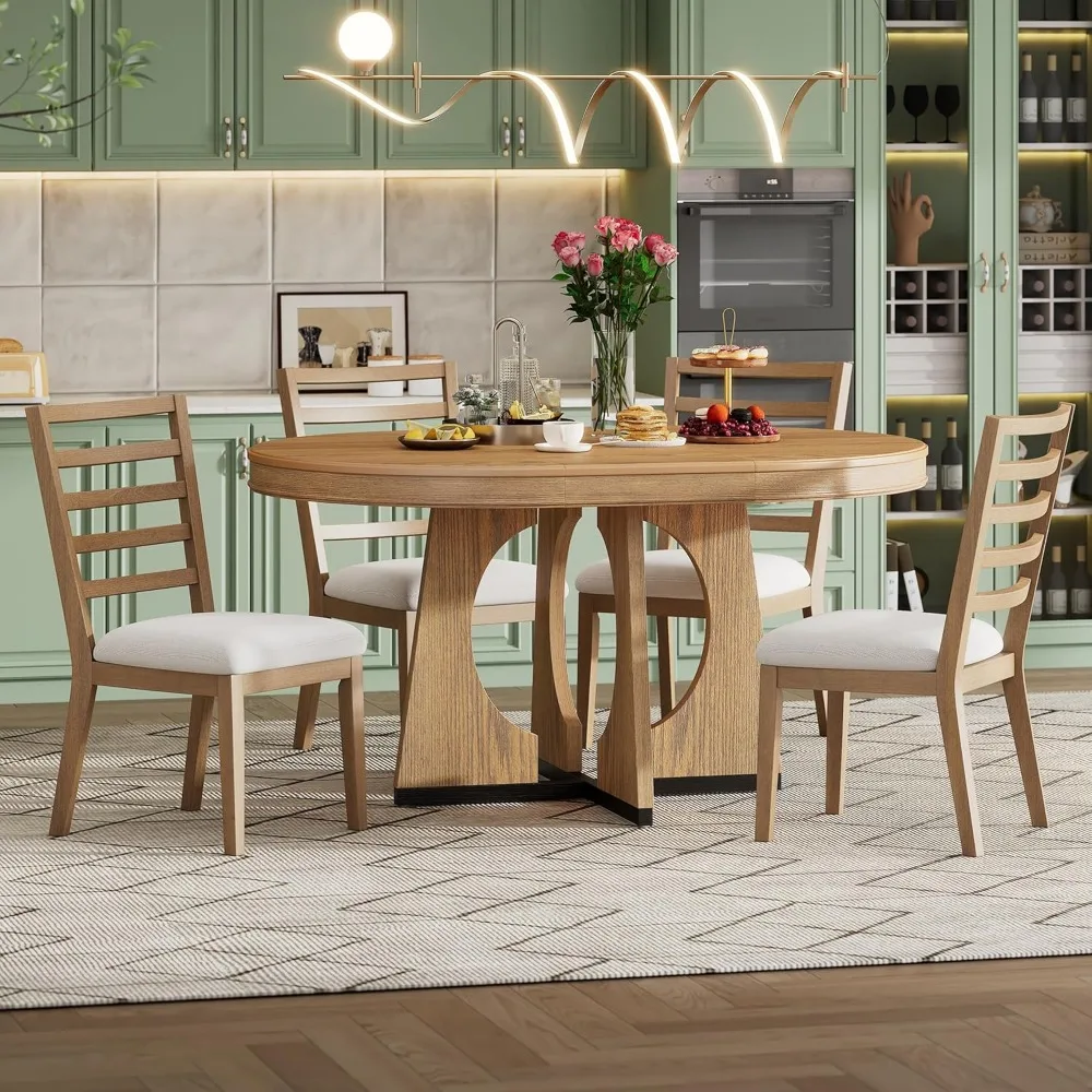 Juego de mesa de comedor redonda extensible de 5 piezas, mesa de comedor ovalada de 58" a 42" para 4 6 8 personas y 4 sillas tapizadas