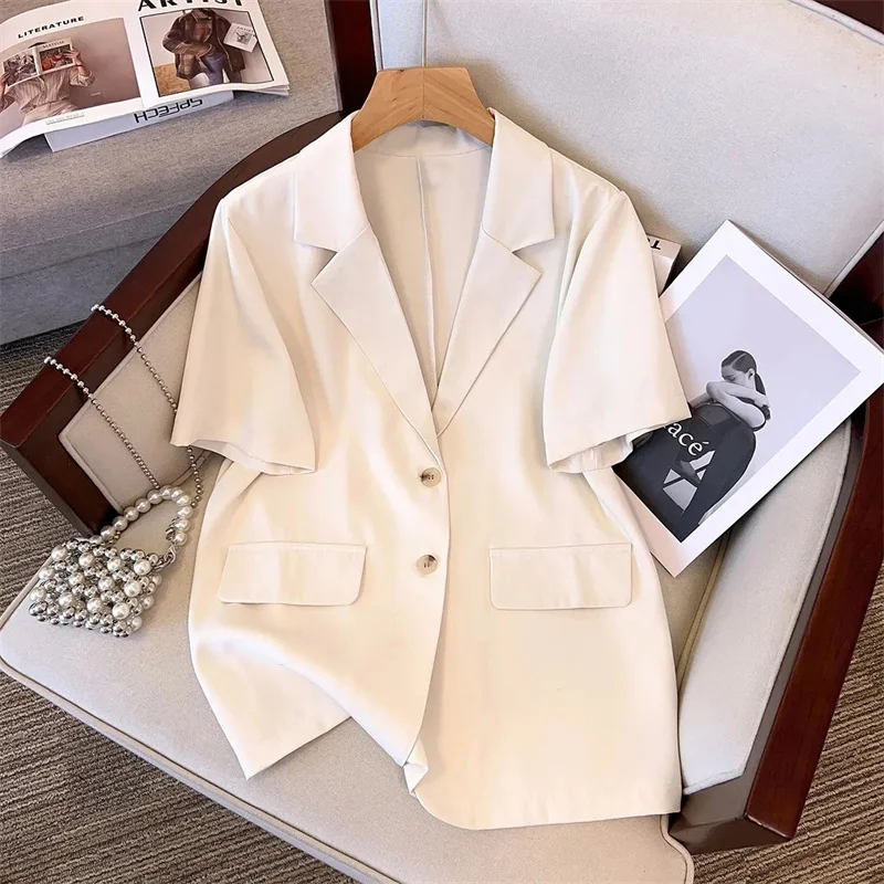 High-Grade Short-Sleeved Suit Jacket Female 2024 Summer New Blazer Coat Large Size Overwear Elegant Temperament Thin Women Top