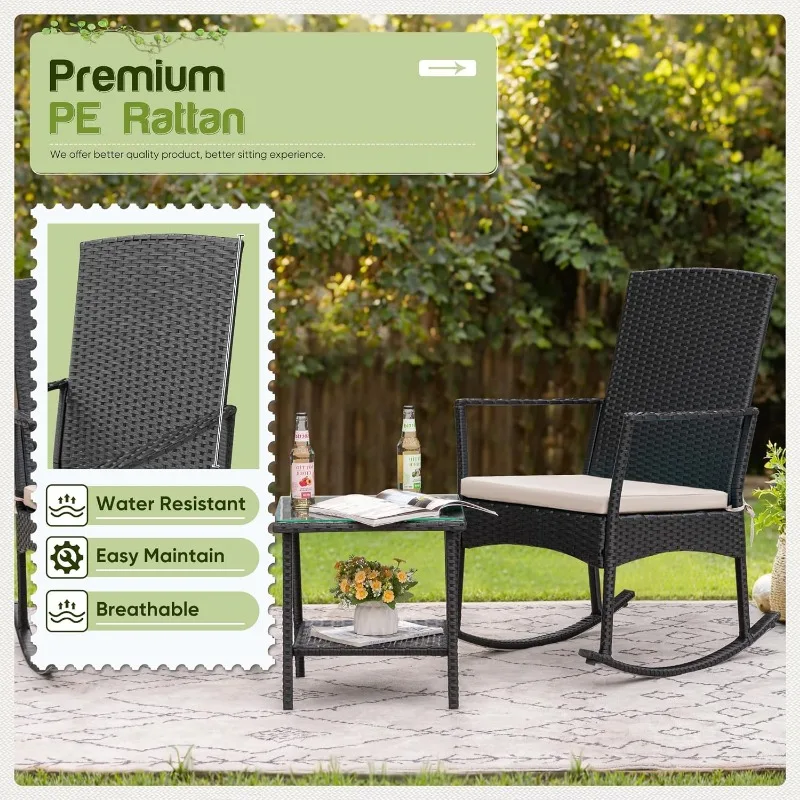 Rocking Chair Outdoor PE Rattan Patio Chairs with Glass Table High Back Porch Rocker for Balcony, Garden, Backyard (Beige)