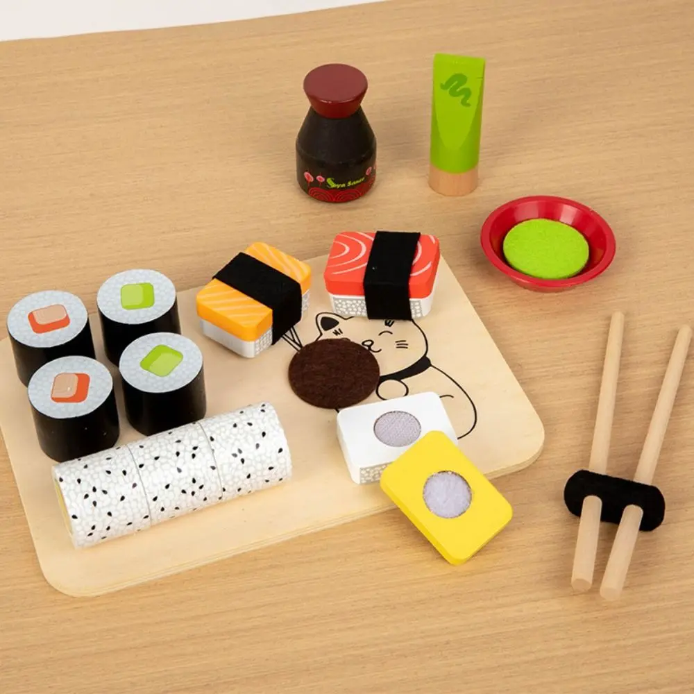 Simulação de madeira resistente sushi design engraçado educacional estilo japonês conjunto de alimentos durável interativo fingir jogar conjunto de alimentos