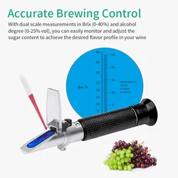 Handheld Wine Alcohol Refractometer With ATC Dual Scale Brix 0-40% 0-25% VOL Optical Tester for Grape Making Winemakers