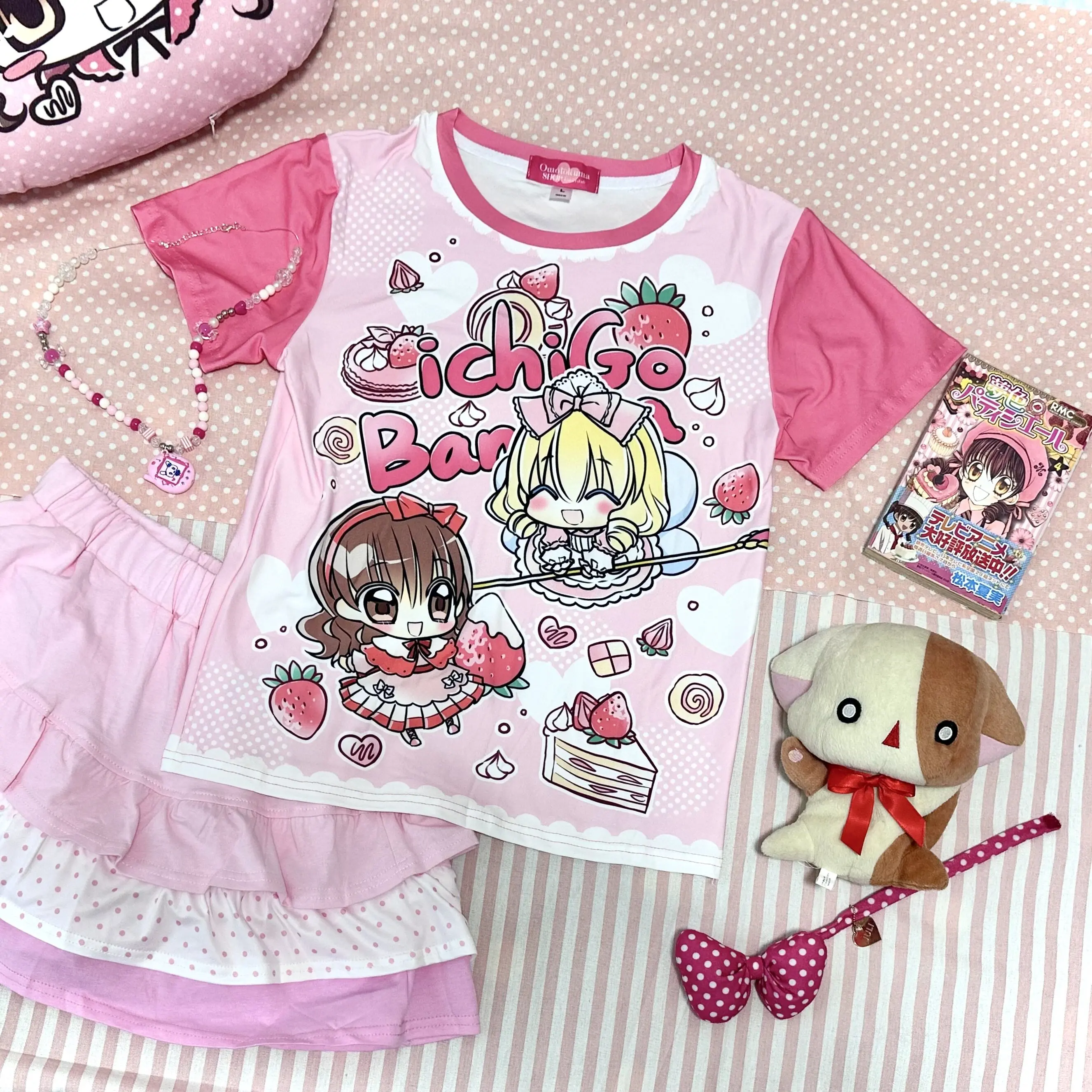 Summer Crew Neck Girls Tees Cartoon Print Y2k Top Dream Color Pastry Strawberry Japanese Style Short Sleeve Tops Women