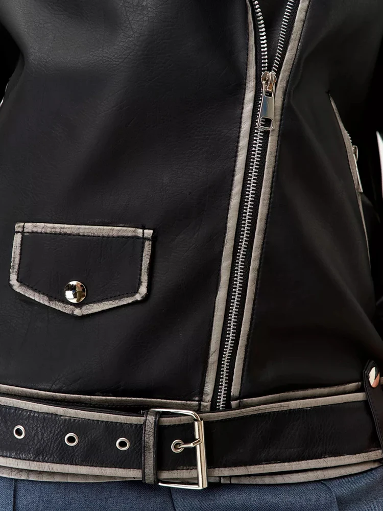 Ailegogo New Women Vintage Loose Black Belt Faux Leather Jacket Streetwear Female Moto Biker Lapel Zipper Coat Outwear