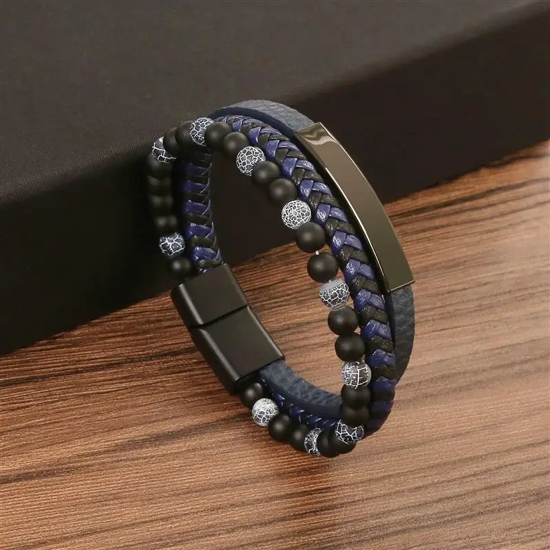 Pulsera de cuero trenzada multicapa de alta calidad para hombres, pulsera de cuentas de ojo de tigre de moda clásica, regalo de joyería de fiesta, 19/21/23cm