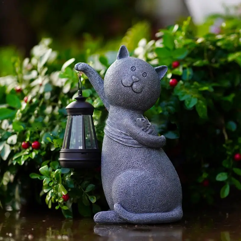 

Solar Cat Resin Cat Garden Decor With Solar Lantern Patio Decorations 10.24in Outdoor Solar Garden Statues Figurine Lights For