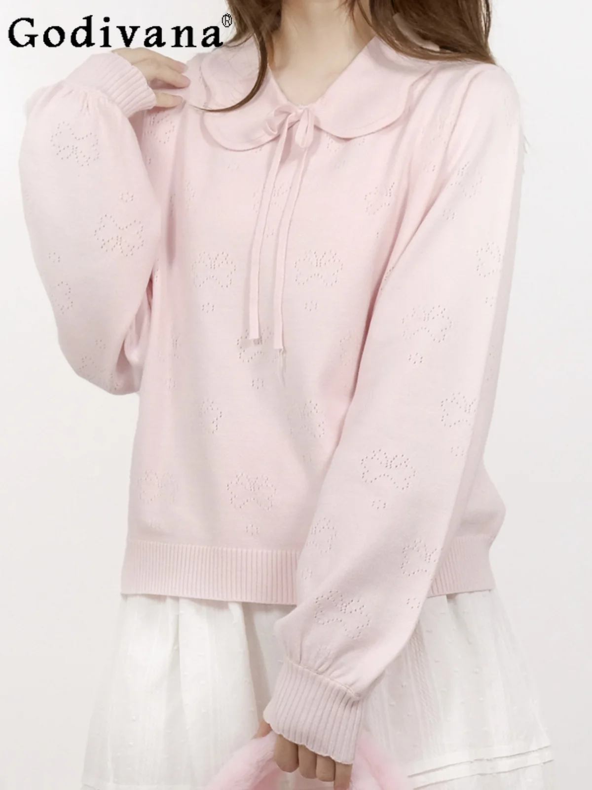 

Sweet Soft Girl Japanese Original Lolita Petal Collar Bow Hollow Sweater Inner Layer Lace Pullover Long Sleeve Autumn Base Layer
