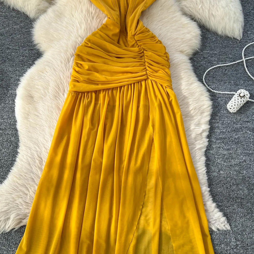 シックなヴィンテージセクシーなプリーツスリーブレスエレガントフェアリーボヘミアンサマードレス女性服ロングドレス