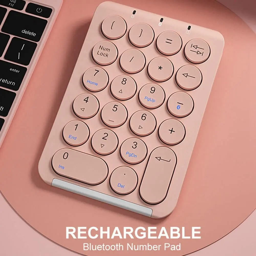 Pink Retro Wireless Bluetooth Numeric Keypad 22 Round Scissor Switch Keys Rechargeable Quiet Number Pad for Laptop Windows PC