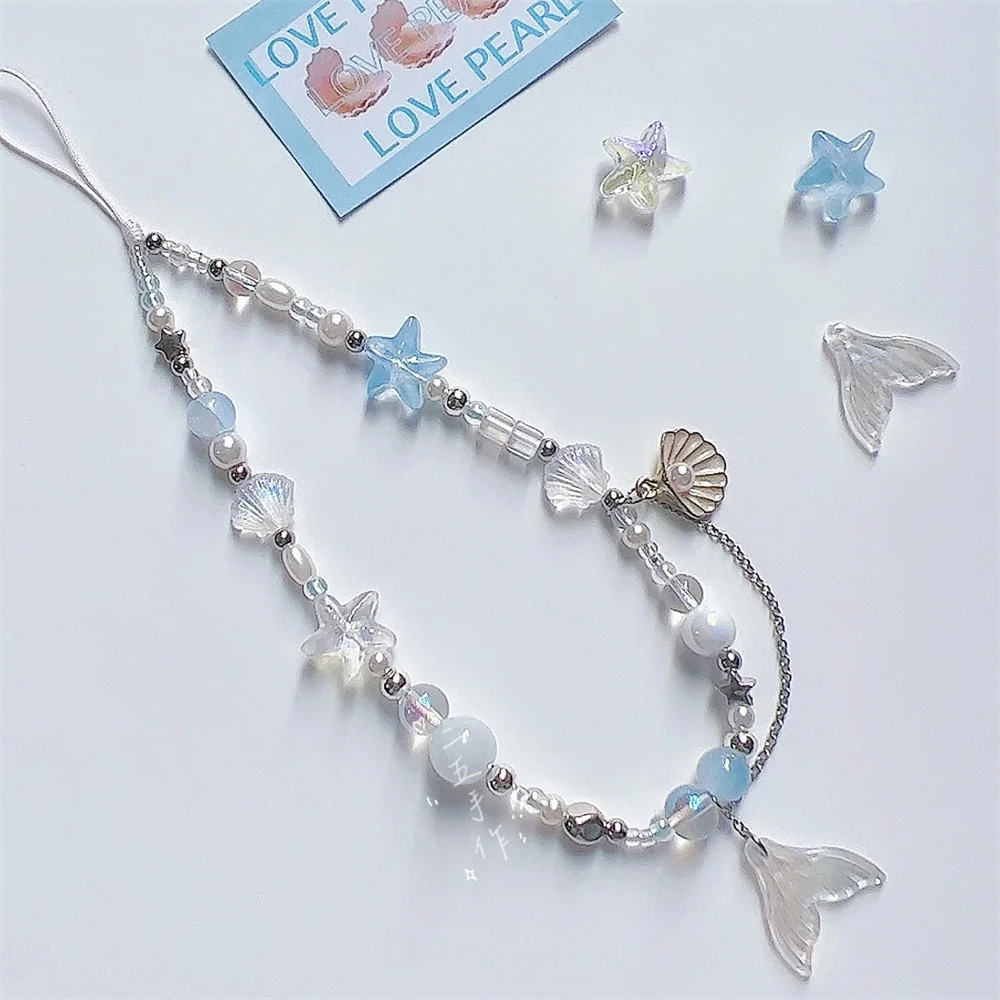 Verträumte Meerjungfrau Muschel Telefon Kette Lanyard Charm Strap Handgelenk Perle Schnur Armband Schlüsselanhänger für iPhone Mädchen hängen Seil Schmuck