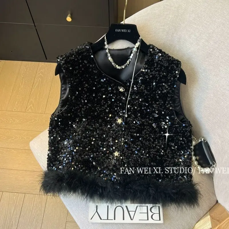 

Spring Vests New High Quality Vintage Sequin Patchwork Feather O-Neck Velvet Vest Women's Waistcoat Top Sleeveless Cardigan Chic