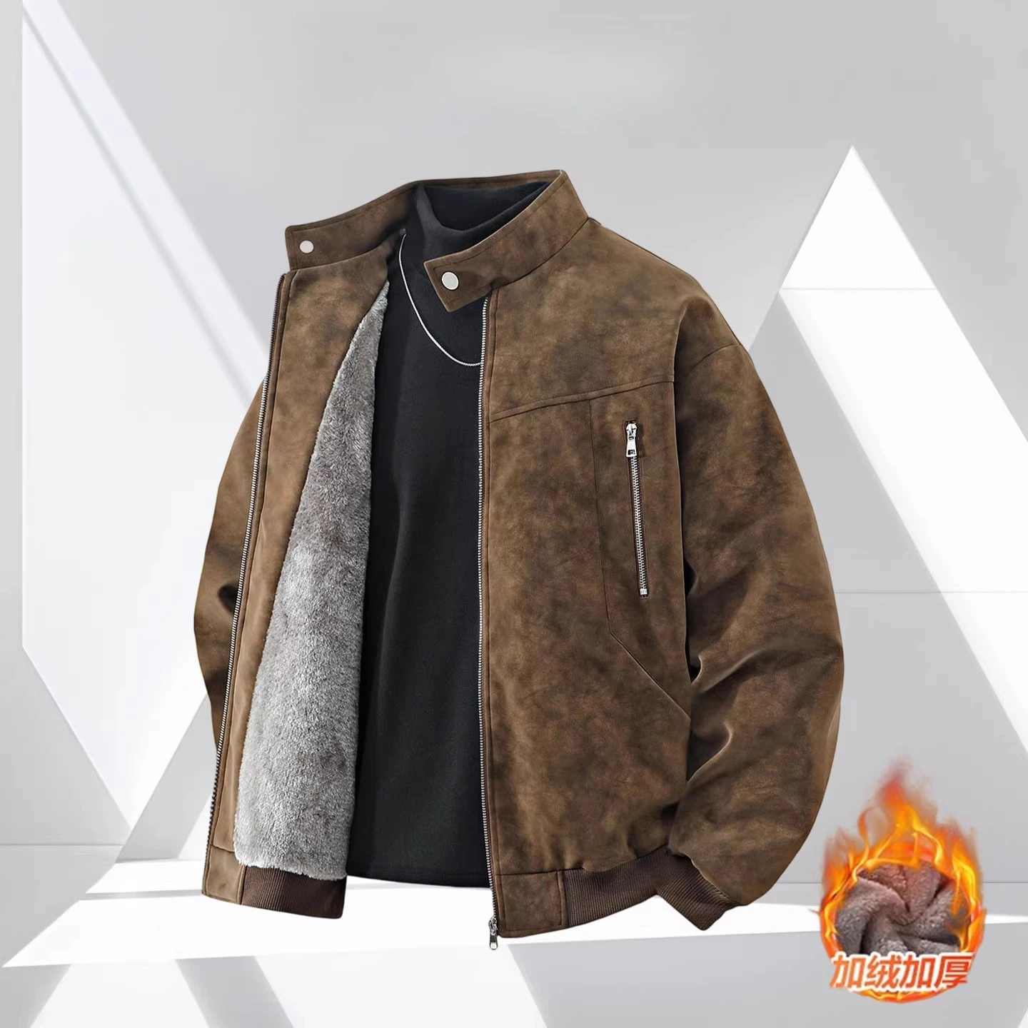 2025 Autumn Winter New Men's Faux Suede Brown Leather Jacket Fleece Lining Thickened and Warm Black and Gray Leather Jacket