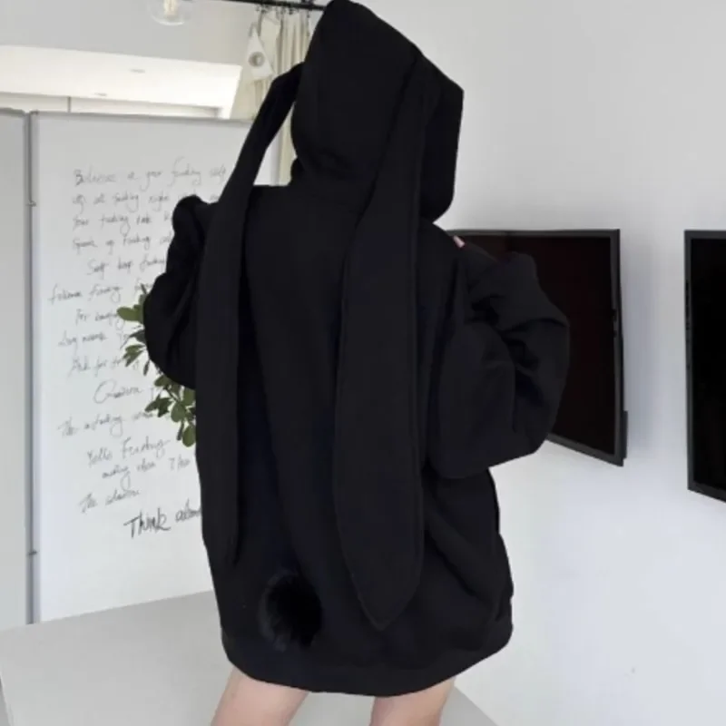 트렌디한 보라색 토끼 소녀 귀 후드 스웨터 긴 귀가 달린 여성용 오버사이즈 후디 루즈 지퍼 가디건 코트 의류 화이트