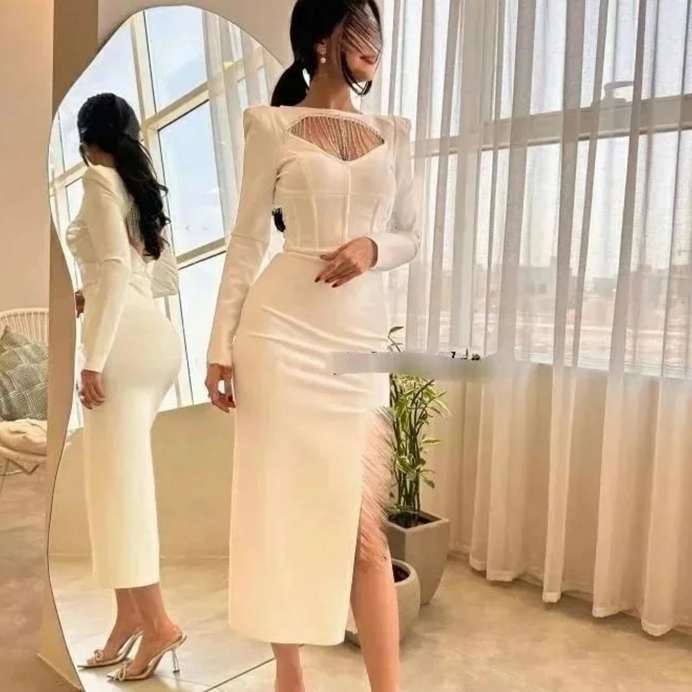 

Carolina Boat Neck White Backless Evening Dresses Women Saudi Arabia Split Satin Wedding Guest Elegant Formal Party Gowns