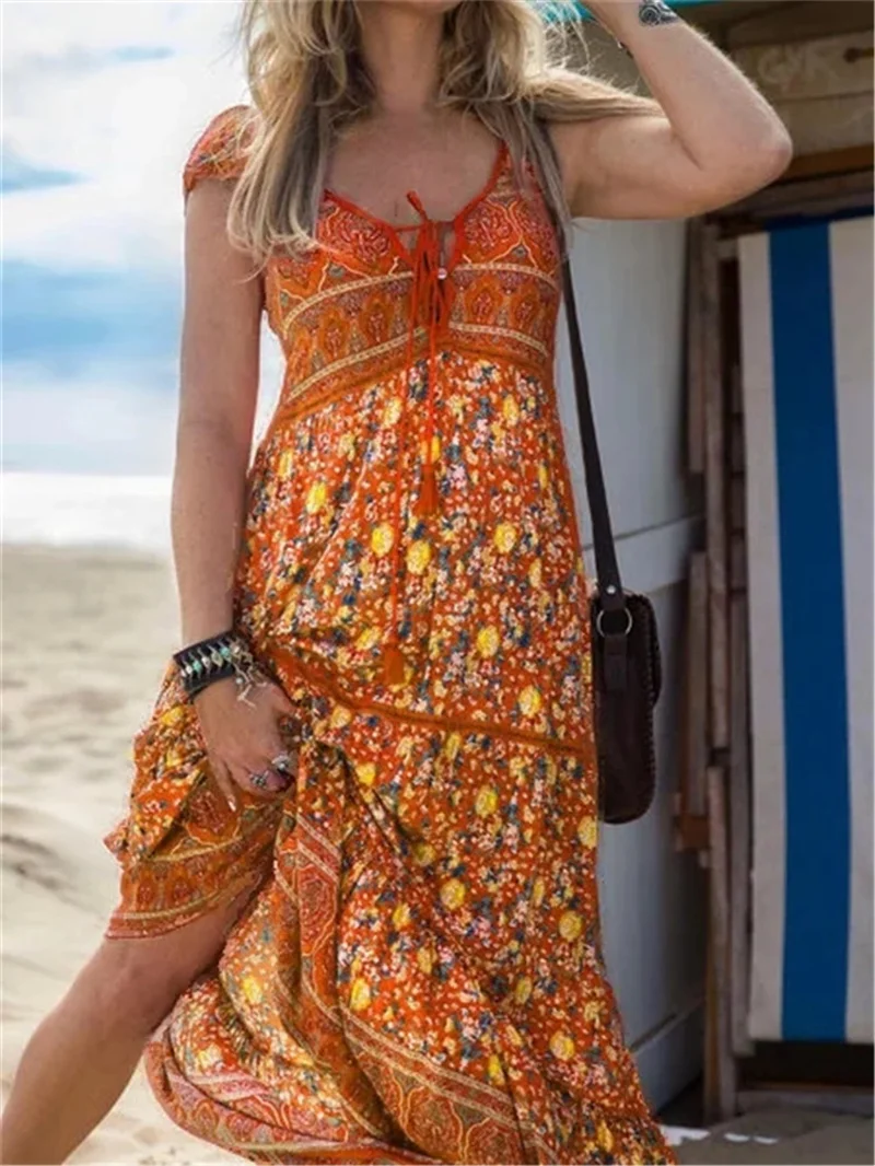 

Summer Casual Bohemian Beach Dresses Female Fashion Floral Print V Neck Pullover Lace-up Soft Dressy Women's Cool Large Hem Gown