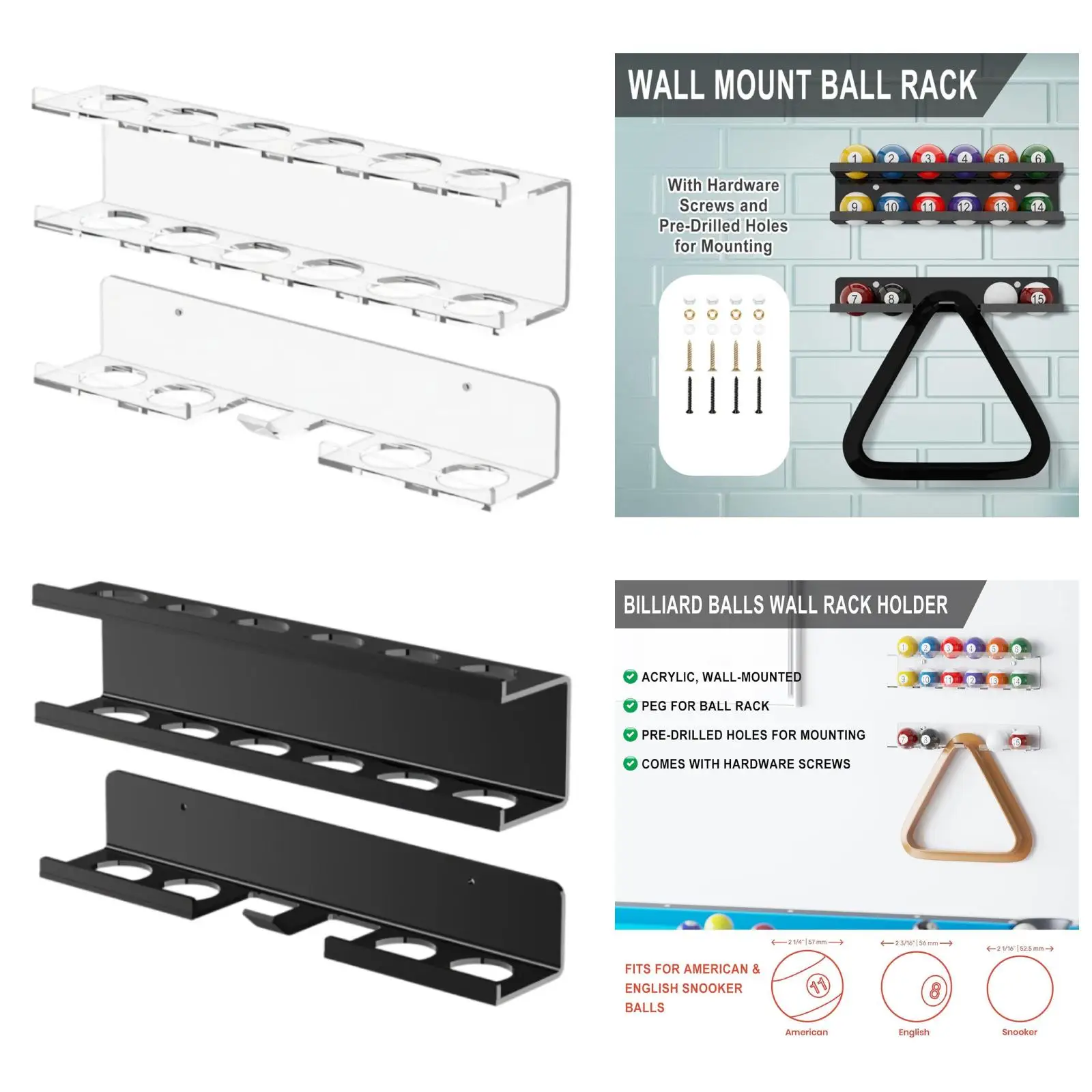 Professional Acrylic Wall Billiard Ball Holder 16 Ball Capacity Organizer for Billiards Game Table