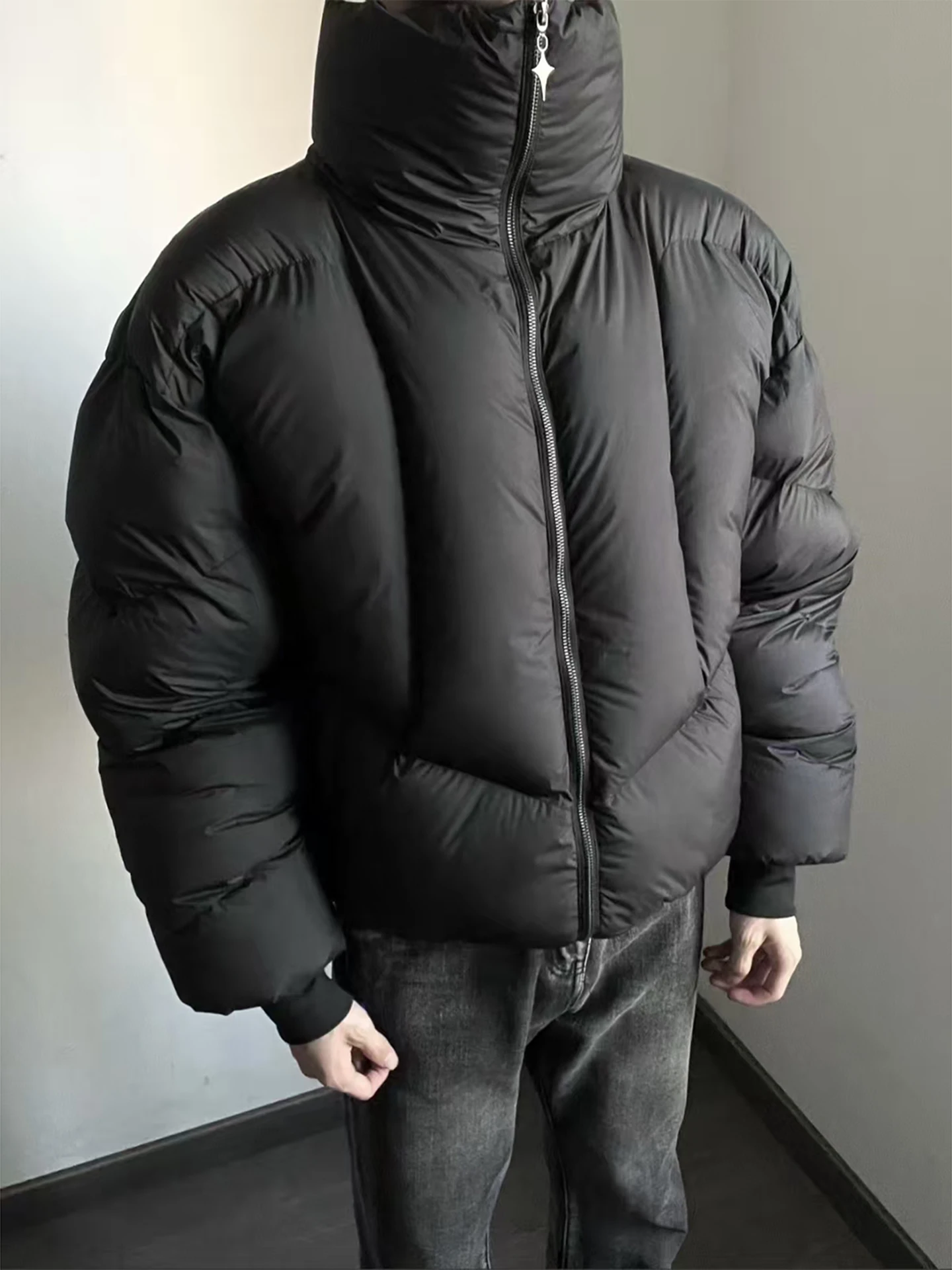 

Thickened Warmth Cotton Jacket Men's Short Style Winter Coat Black Armor Folded Bread Style Stand Collar Casual Outerwear