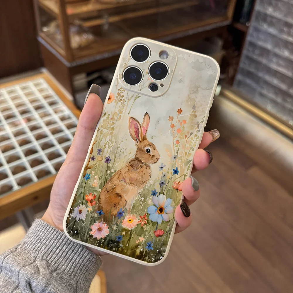 Custodia per telefono estetica con arte dell'acquerello del coniglio per iPhone 17 16 11 15 14 13 12 Pro Max Plus