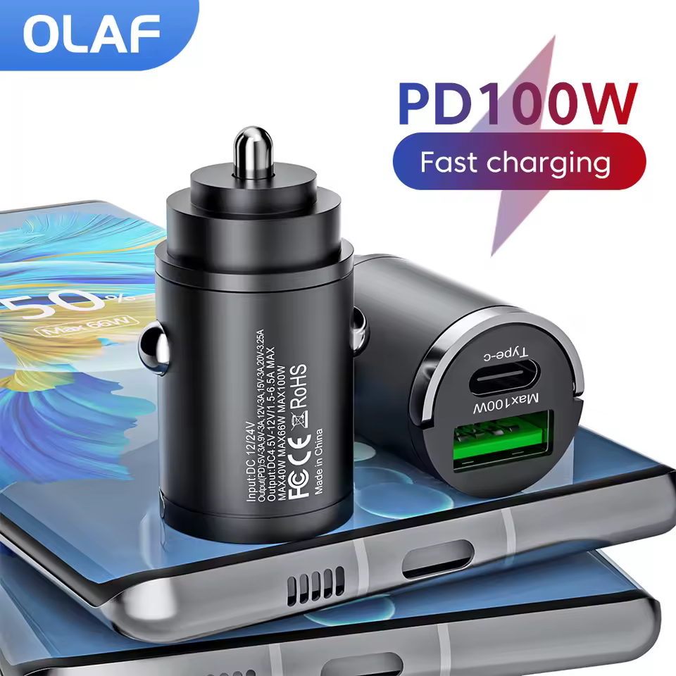 Mini Carregador Veicular 100W PD QC com Anel de Puxar, Carregamento Rápido USB C