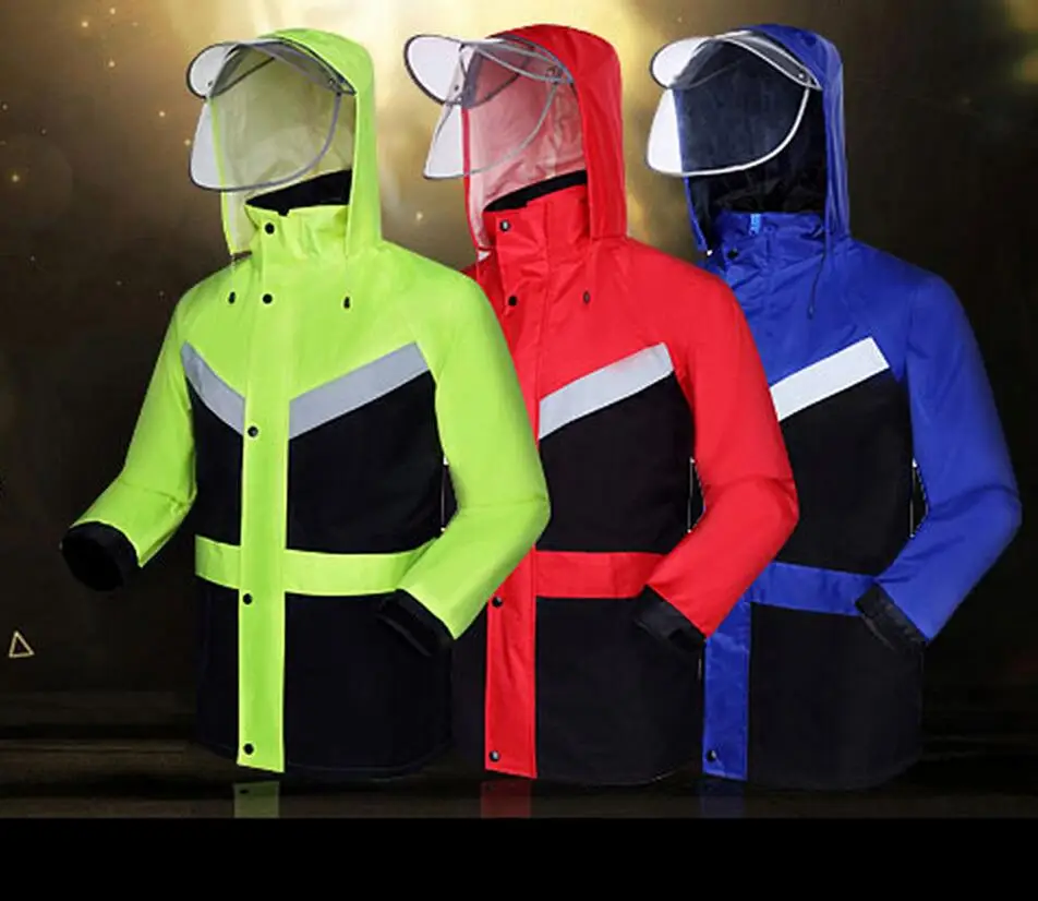 High visibility yellow lime green split raincoat with reflective strips tapes rain suit rainwear jacket & pants fast shipping