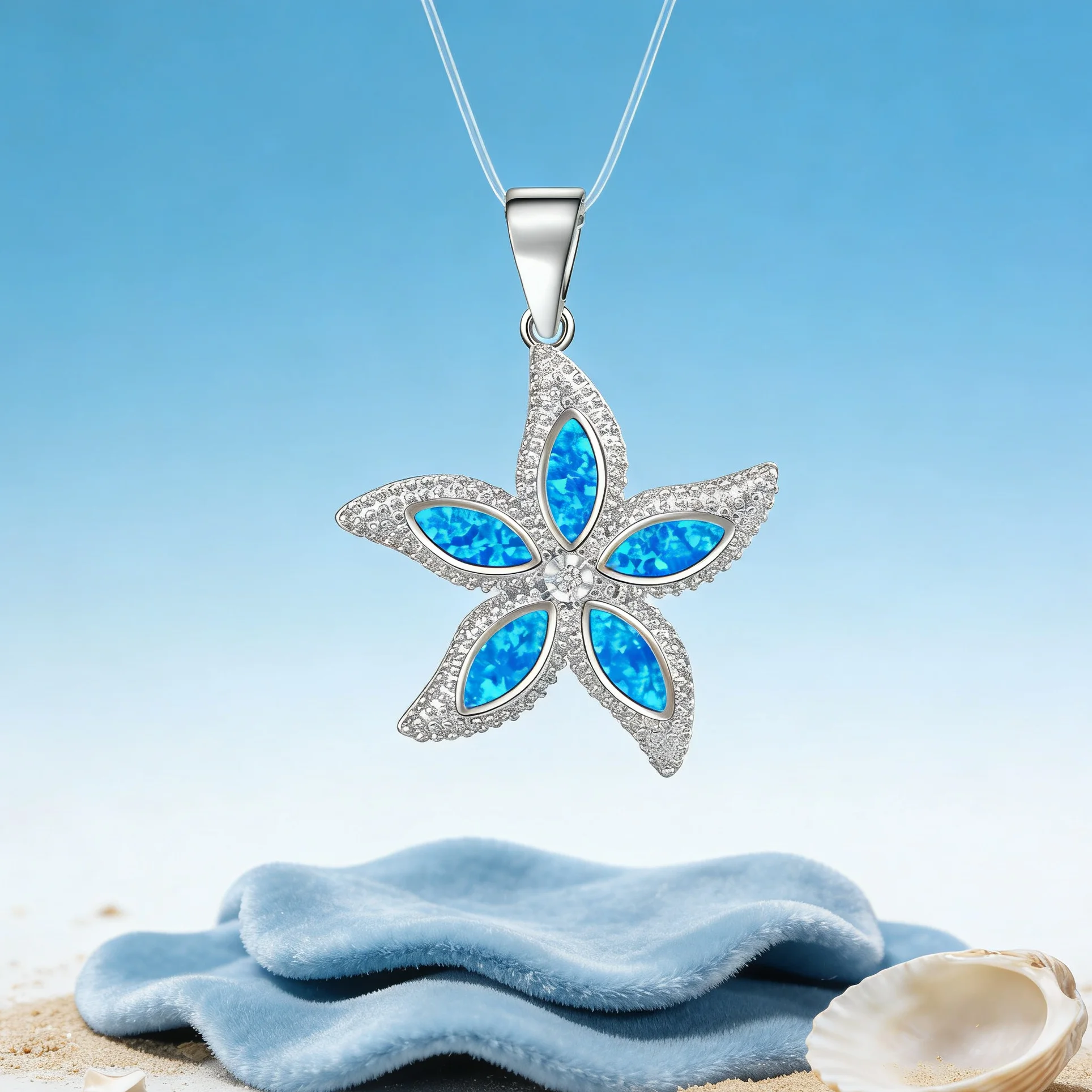 قلادة أنيقة على شكل نجم البحر، فضية مع أوبال أزرق وزركونيا مكعبة، سلسلة هدية مجوهرات المحيط الرائعة قابلة للتعديل للنساء