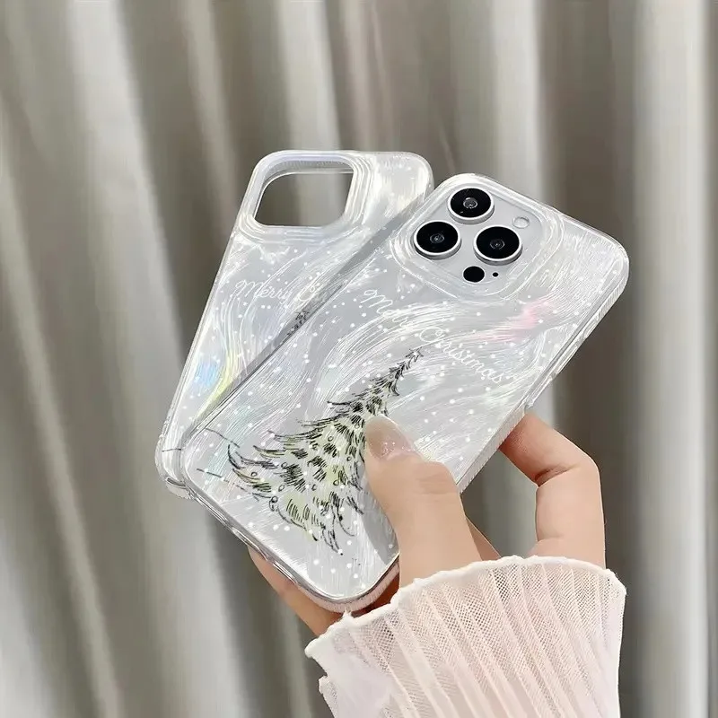 Luxury Christmas Tree Graphic Case For iPhone 11 12 13 Pro MAX 14 15 16 17 Plus 17Air 16E Laser Silver Phone Cover