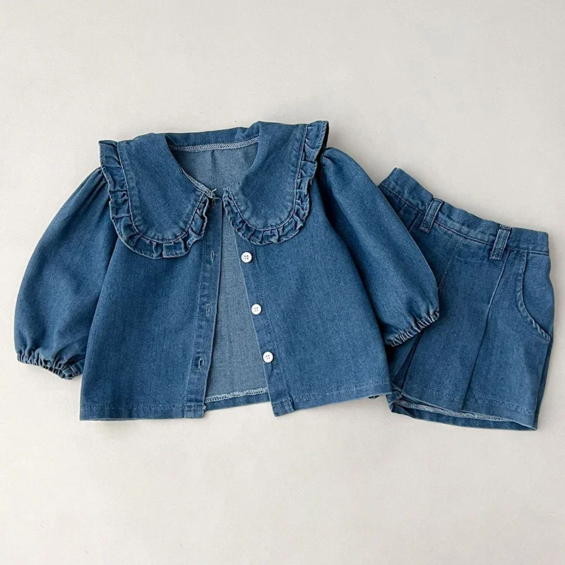 Spring Autumn Baby Girls Blue Denim Suits Kids Fashion Top + Shorts 2Pcs  Children\'s Clothing Sets Girls\' Lapel Shirt Coat