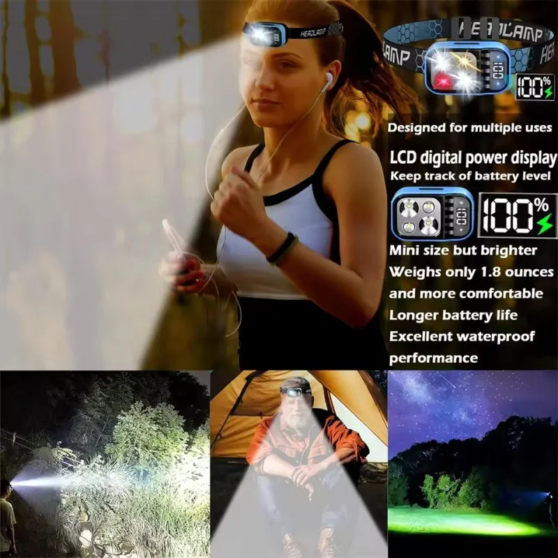 LED Headlamp Flashlight Motion Sensor Rechargeable Hard Hat Headlight Digital Display Head Lamp for Outdoor Fishing Cycling