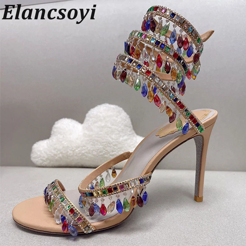 

Summer Bling Bling Crystal Pendant Decoration Fine Heel Sandals Women's Gladiator Elastic Band Sandalia Party Banquet Dress Shoe