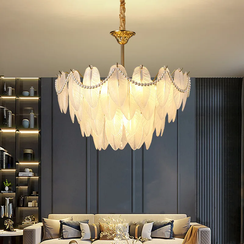 

French Feather Glass Modern Simple Light Luxury Dining Room Master Bedroom Lamp American Retro Living Room Pendant Lamp