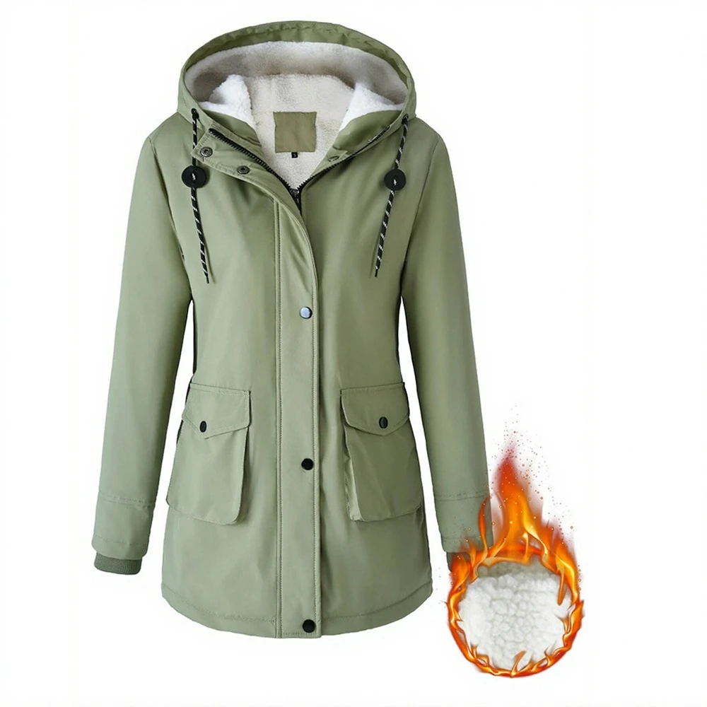 

Women's Thickened Velvet Cotton Parka Autumn Winter Hooded Jacket European Size Casual Cotton Clothes Lamb Velvet