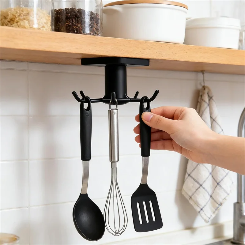 Under Cabinet Kitchen Utensil Hooks 360° Rotating Drilling Free Adhesive Utensils Hanging Rack For Kitchen Spatulas Cups Towels